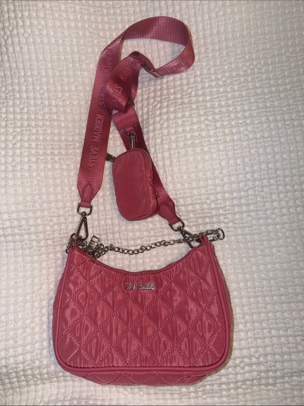 Steve Madden Quilted Rose Pink Shoulder Crossbody with Detachable Strap